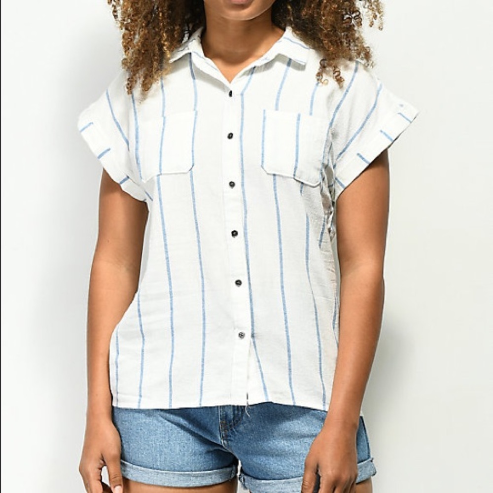 Love, Fire White & Blue Stripe Short Sleeve Button Up Shirt